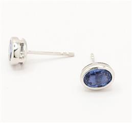 14K 1.8g White Gold Synthetic Oval Blue Sapphire Stud Open Work Bezel Earrings